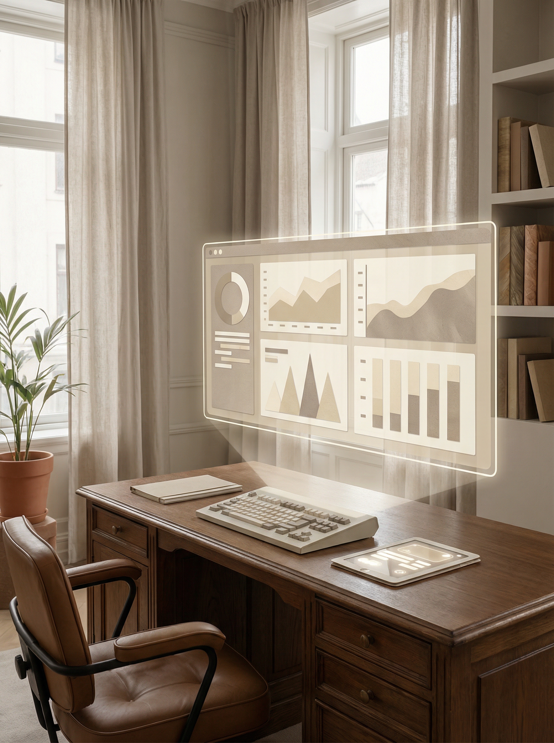 Modern workspace with AI-powered analytics dashboard showing data visualizations