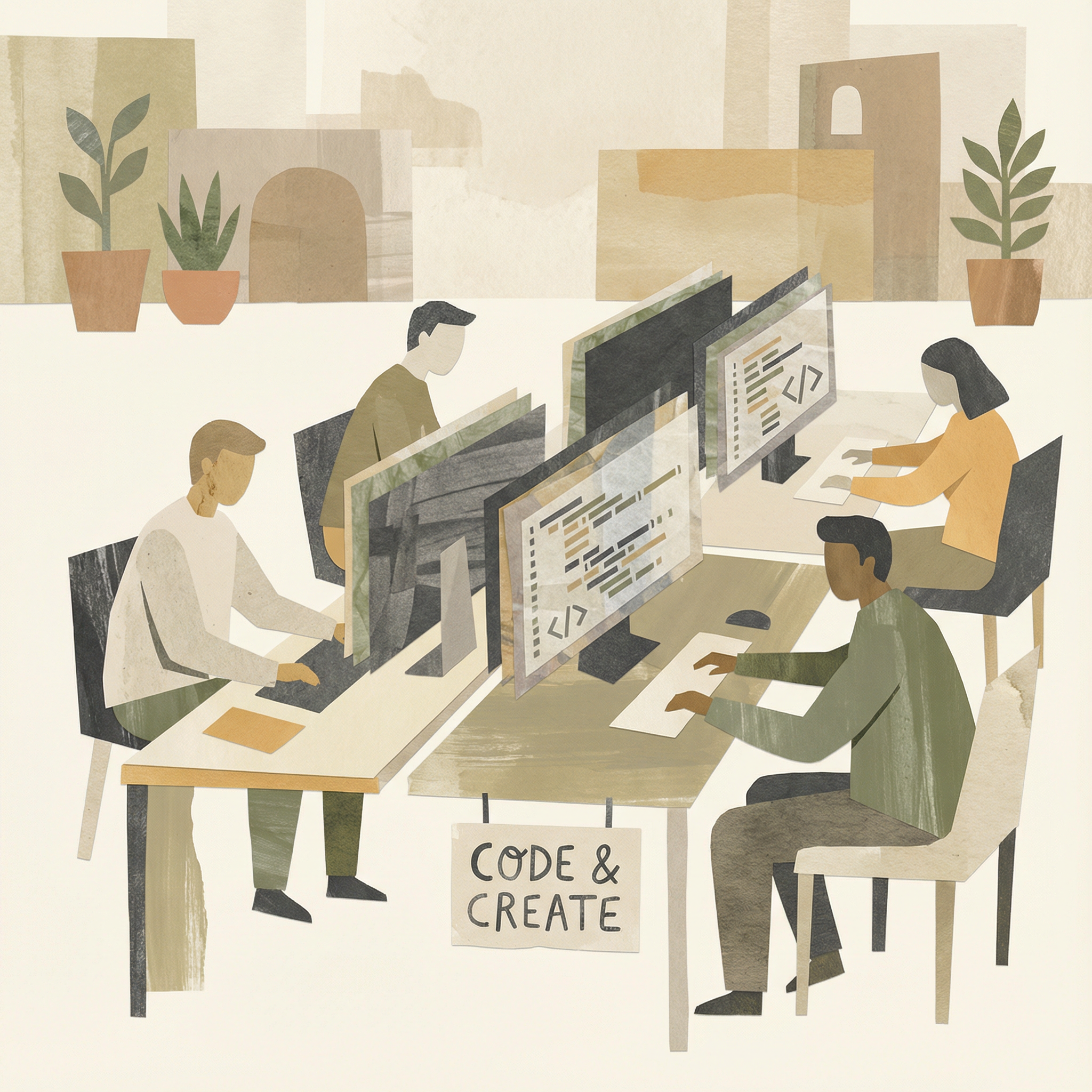 Team collaboration illustration showing developers working together with AI tools