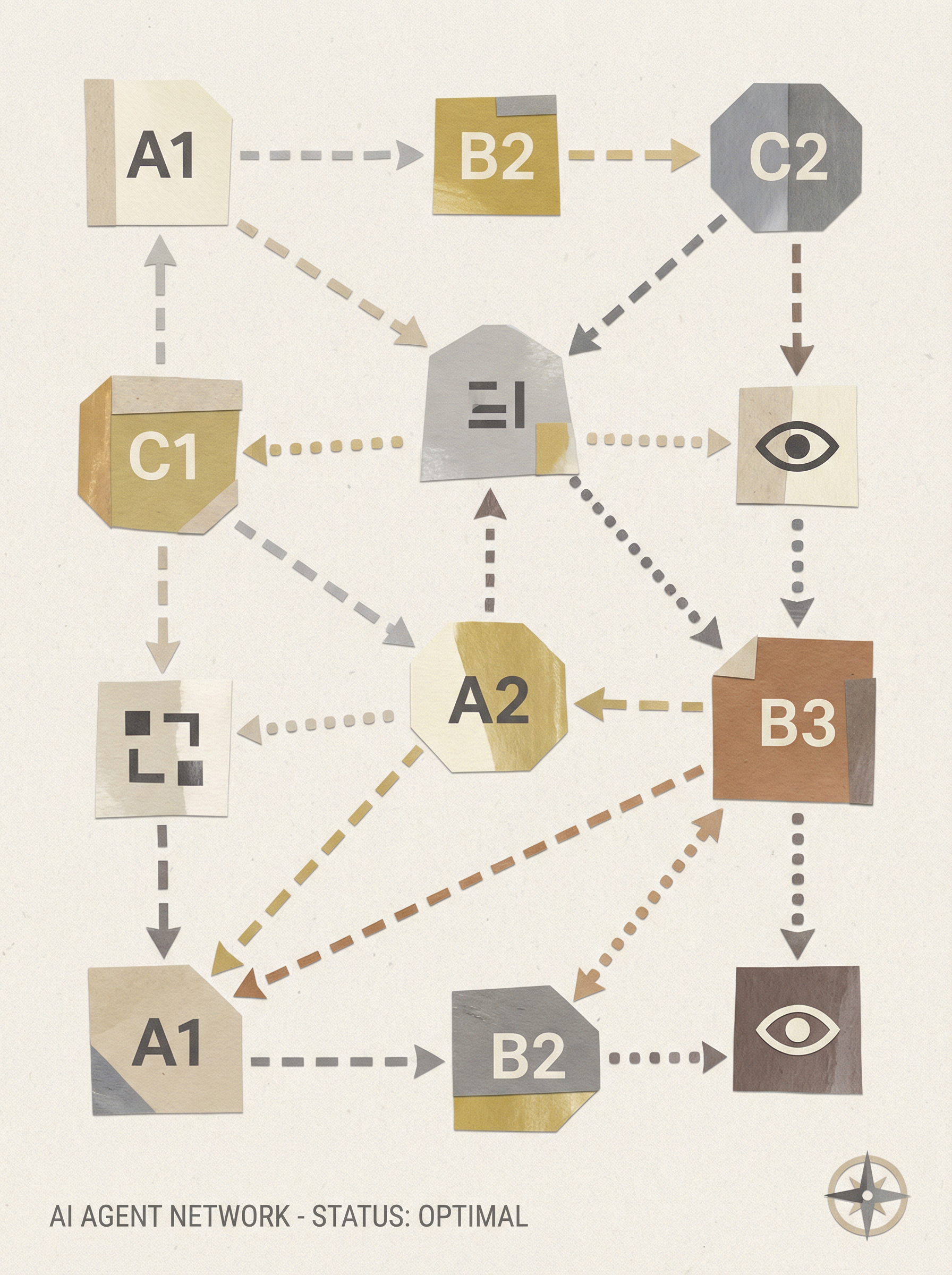 AI Agent Network diagram showing interconnected nodes and workflows